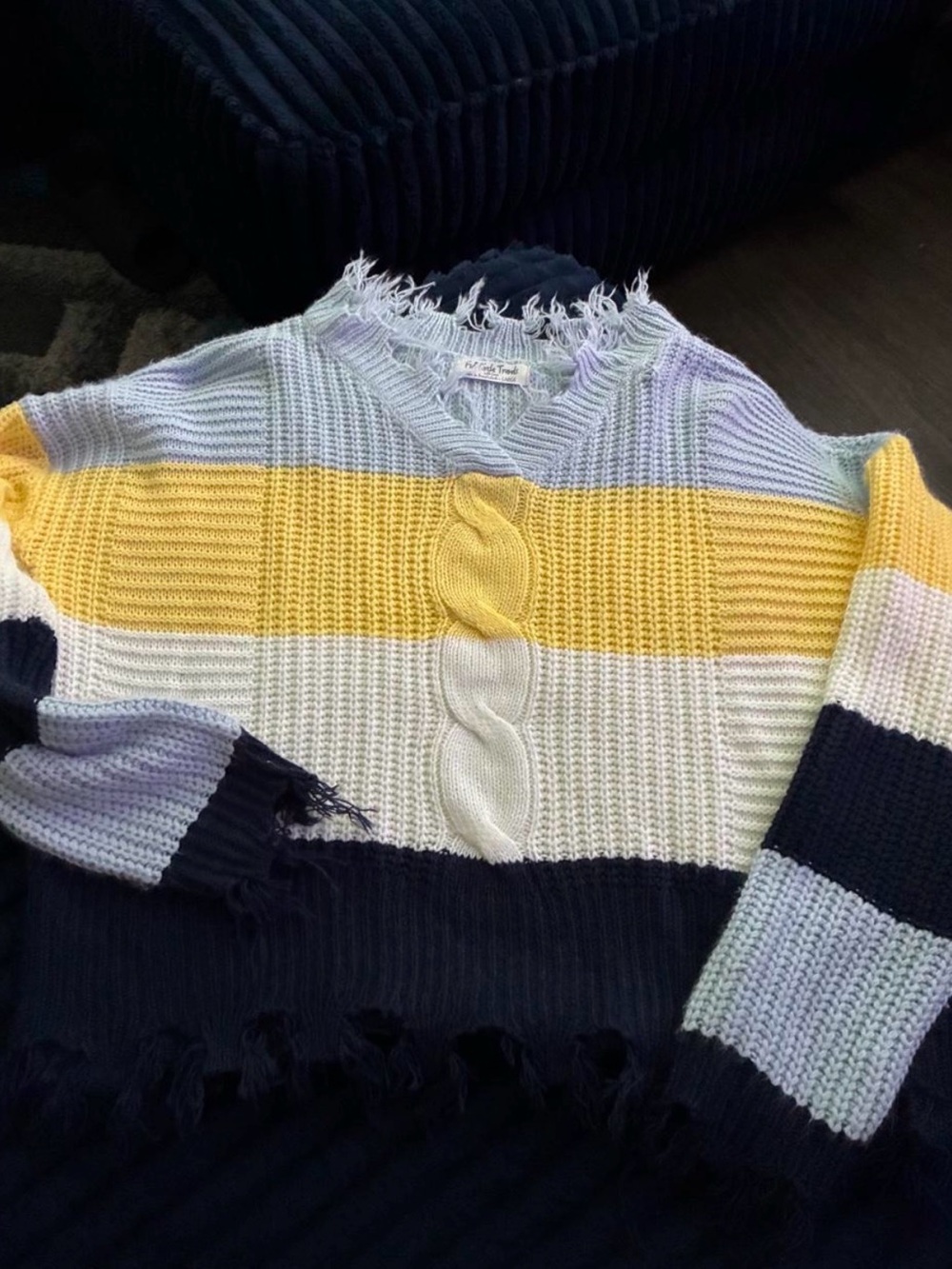 Striped V-Neck Cable Knit Sweater in Yellow, White & Navy